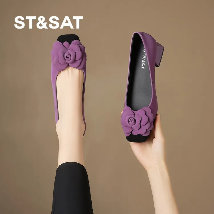 St&Sat/星期六复古山茶花气质拼接浅口单鞋女秋季千金鞋子名媛风