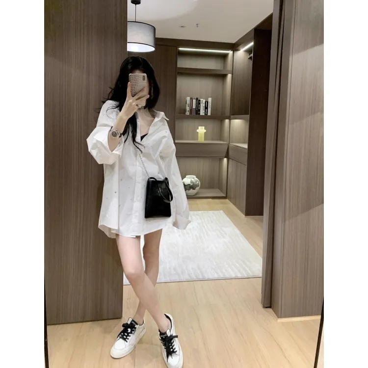白色烫钻衬衫女2025秋季新款韩系休闲宽松慵懒衬衣高级感长袖上衣