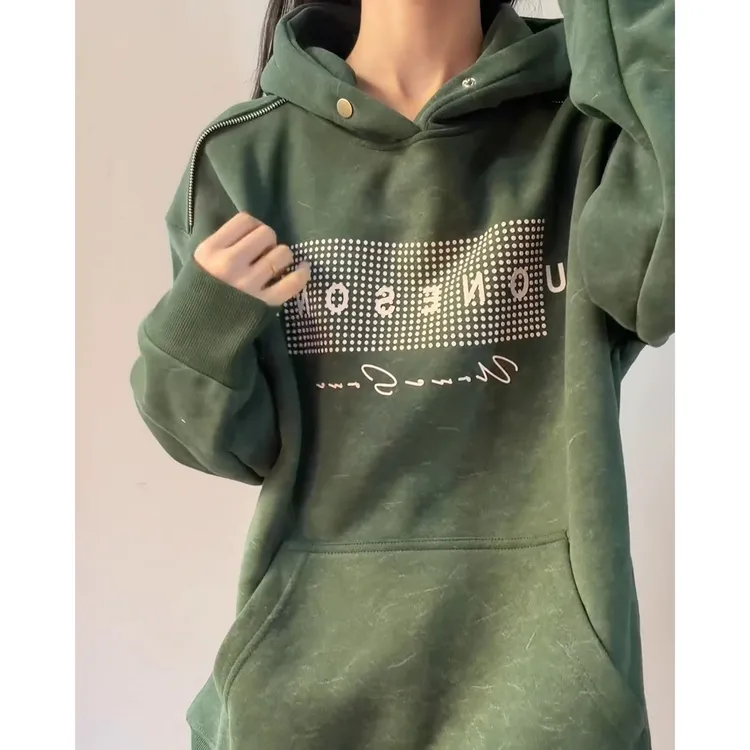 美式复古硅胶印花卫衣男款秋冬季设计感加绒加厚情侣装连帽外套潮