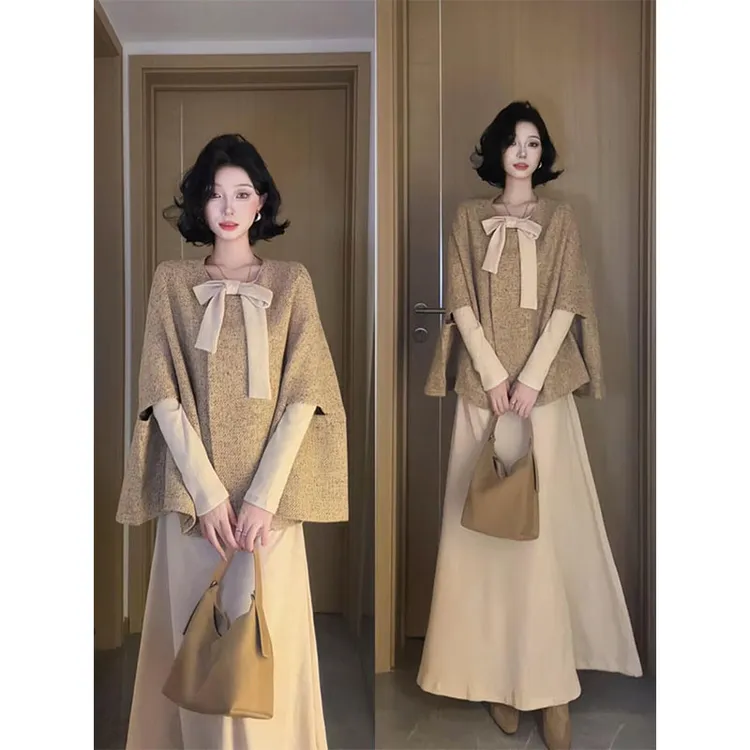MARIE.COCO气质斗篷披肩外套内搭高级感蝴蝶结系带针织连衣裙套装