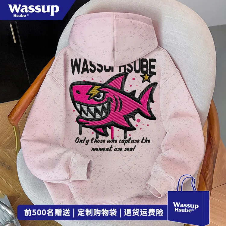 WASSUP HSUBE创意鲨鱼潮流印花连帽卫衣男女秋冬季慵懒风扎染上衣