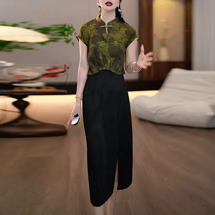 花萝缎中国风套装裙2025夏季新款时尚气质复古开叉两件套连衣裙子