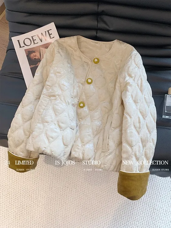 新中式提花丝绒菱格轻奢棉服女2025新款冬季加厚国风洋气夹棉外套