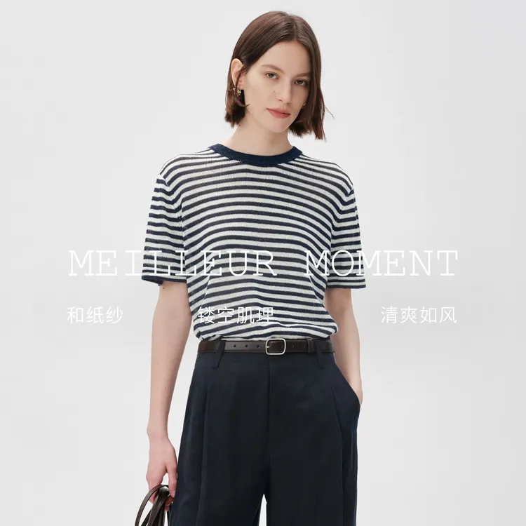 【定制和纸纱】MM麦檬风轻盈透气条纹短袖针织衫26夏新5H4931921