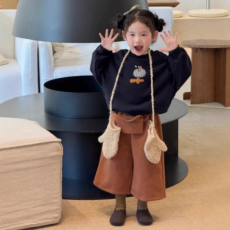 YeeHoO英氏【断码】童装女童复古毛呢带腰包休闲加厚裤冬季南瓜色显