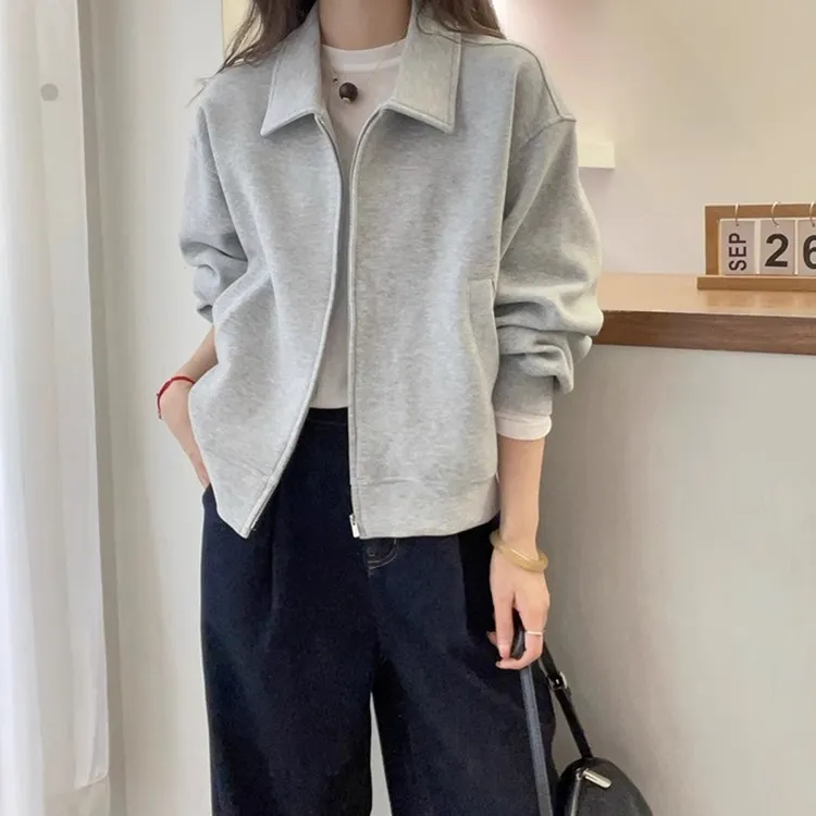 棉质polo领宽松拼接口袋开衫韩系减龄休闲短外套春秋潮流新款上衣