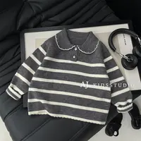 【现货】阿卷秋冬装女童韩版百搭休闲条纹翻领针织套头毛衣MPG7136