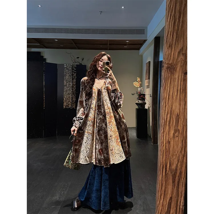 三吉黑花【南秋影】扎第炒色水溶绣花丝绒连衣裙秋季流行巨好看的