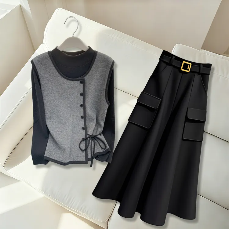 法式轻奢气质时尚套装慵懒显瘦马甲打底衫高腰半身裙三件套女爆款