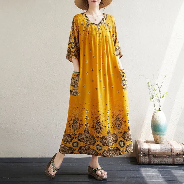 民族风大码宽松花色遮肉显瘦连衣裙胖mm高端复古棉麻褶皱长裙女夏