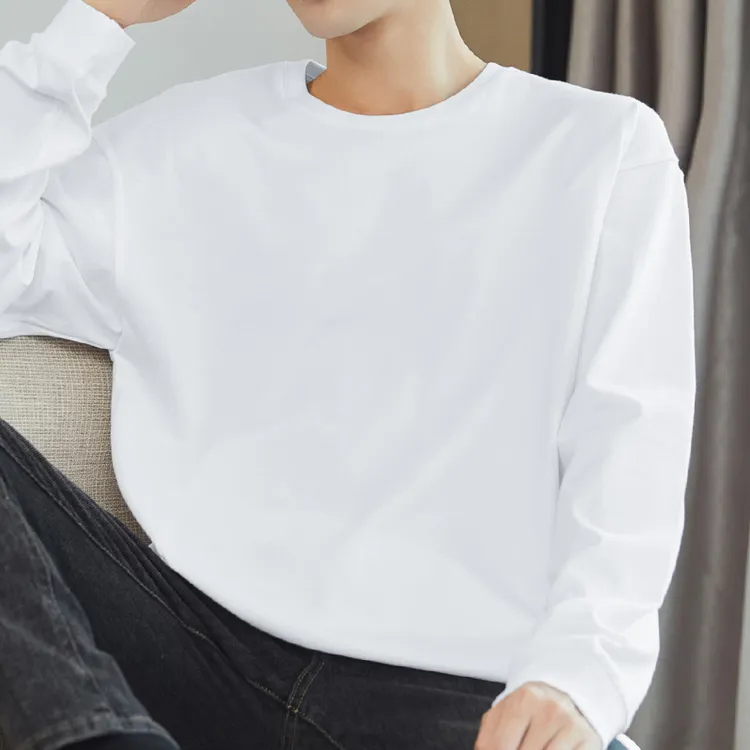 260克重磅纯棉长袖T恤春秋男士休闲韩版宽松圆领长袖打底内搭纯色