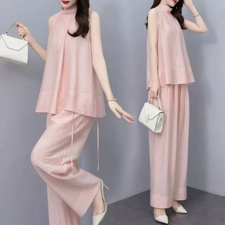 粉色时尚套装女2025年夏季新款高腰阔腿裤无袖上衣宽松大码两件套