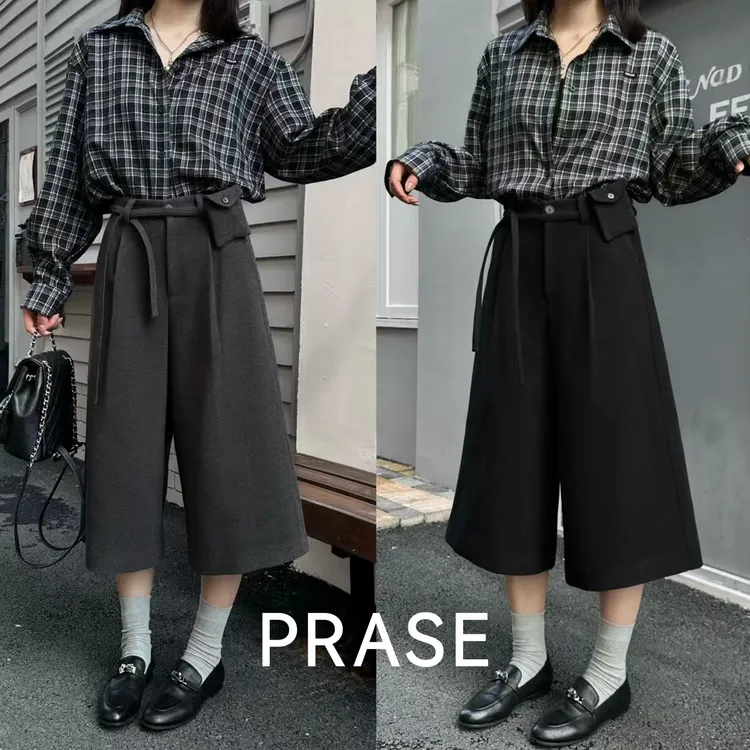 PRASE·噜【时髦精】微胖秋冬显瘦宽松休闲裤时尚毛呢中裤PR510E67