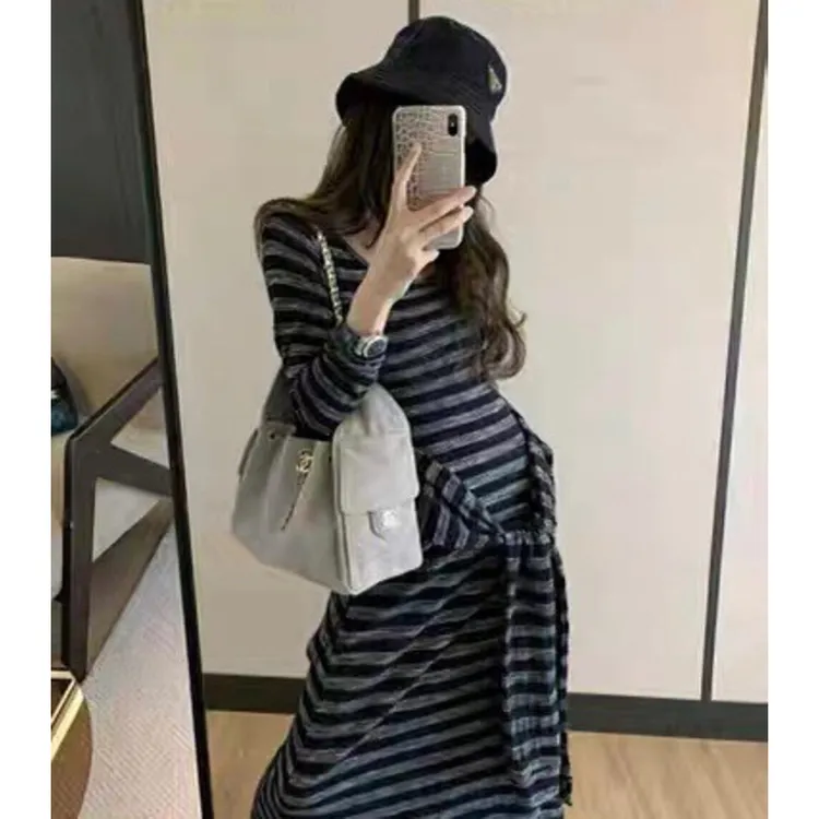 韩版复古时髦百搭V领针织连衣裙修身显瘦绑带连衣裙