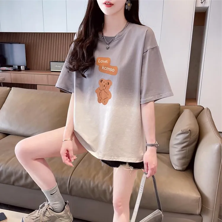 渐变色短袖t恤女夏季2025新款宽松大码女装设计感小众扎染上衣潮