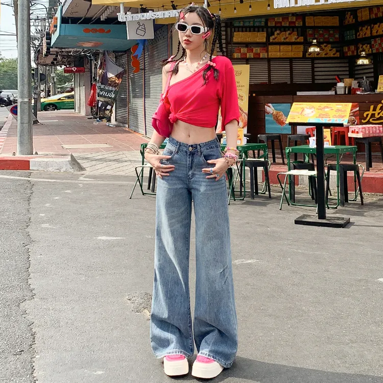 复古微喇牛仔裤女2025秋季新款美式高腰宽松显瘦不贴腿直筒喇叭裤