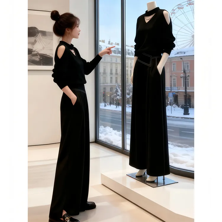 2025秋冬季新款百搭镂空漏肩针织上衣高腰阔腿长裤时尚套装女