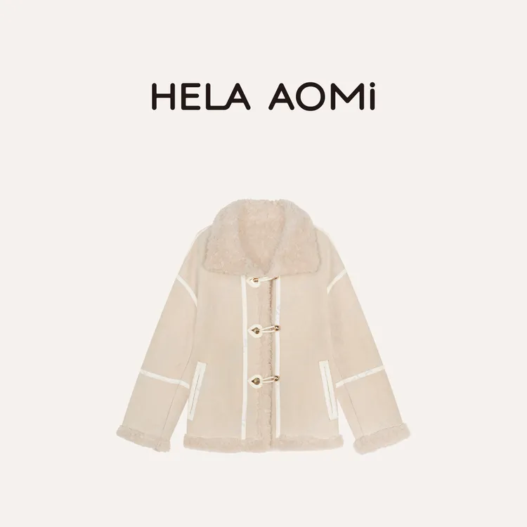 HELA AOMI “爱心扣.暖杏羔羊”绵羊毛100%盘扣立领皮草CY5DC29411