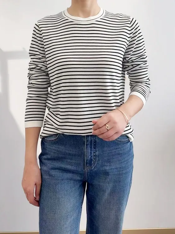 长袖条纹针织衫 桑蚕丝羊毛高级感薄款衫打底衫女装女士长袖