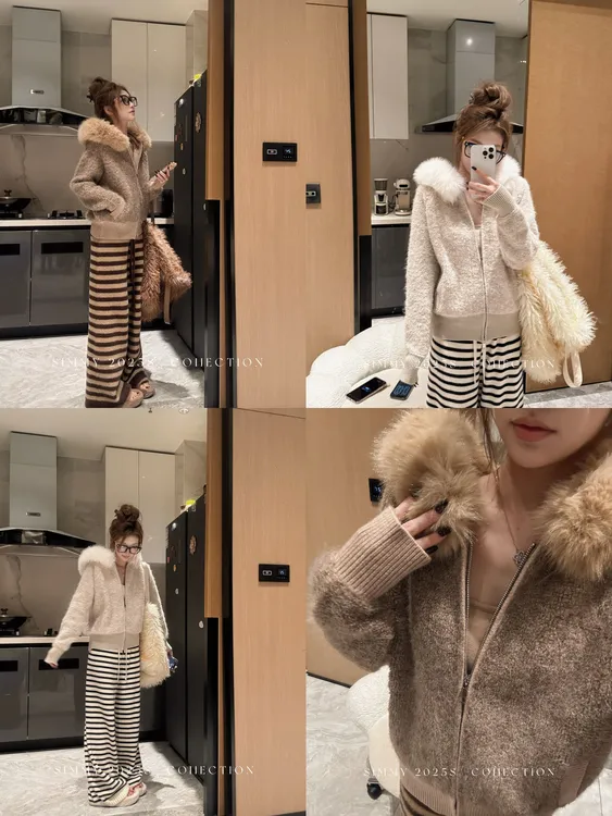 SIMMYJOY【奶芙云朵】慵懒混色针织卷卷毛柔软羊羔连帽大毛领厚外套