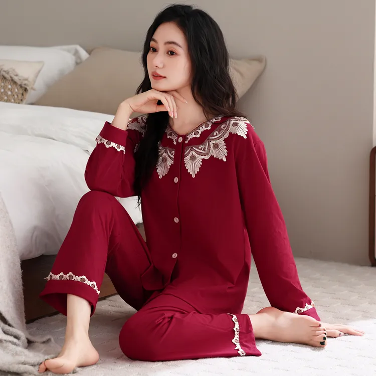 睡衣女款爆款2025新款套装纯棉春秋女士大码红色酒红本命年家居服