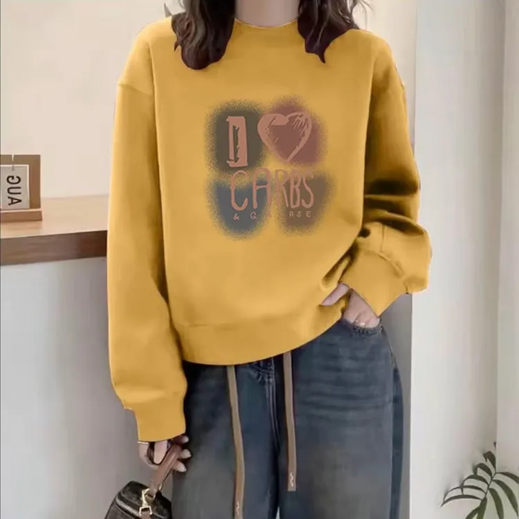圆领套头打底衫加绒加厚卫衣女2025春秋季新款宽松韩版潮情侣外套