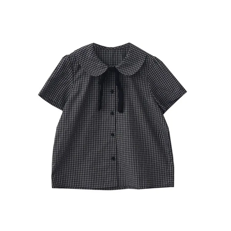 2025新款日系复古减龄学院风娃娃领宽松短袖蝴蝶结格子衬衫上衣女