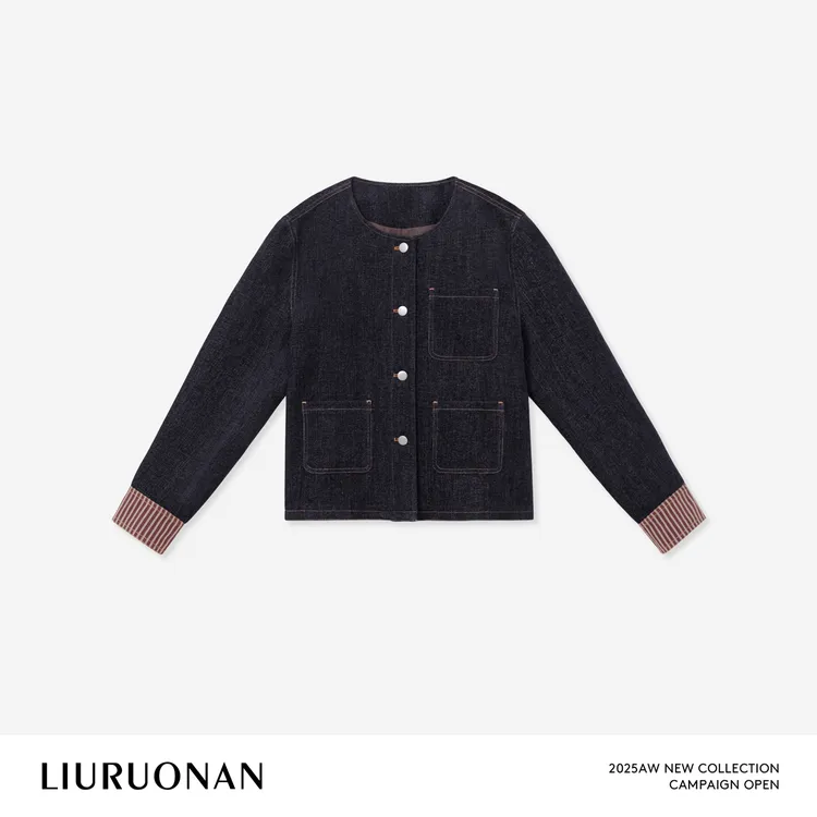 LIURUONAN 25WIN【灯芯绒牛仔小香】撞色条纹拼接无领宽松休闲外套