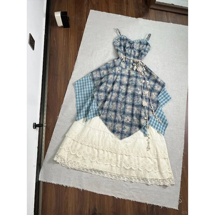 甜辣妹套装女美式设计感格纹吊带连衣裙女夏季五一出游套装半身裙