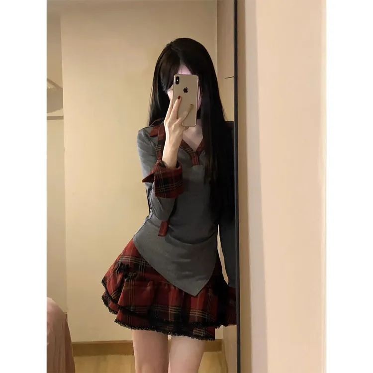 大码胖妹妹春秋时尚新款撞色翻领针织衬衫高腰百褶短裙套装两件套