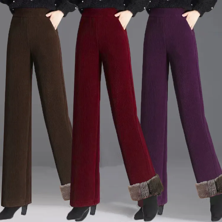 裤子女冬季加绒女外穿直筒条绒阔腿裤宽松妈妈加厚休闲裤保暖女裤