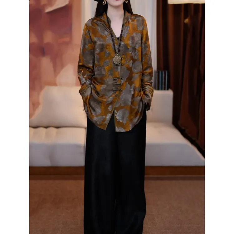 高级感贵夫人显瘦裤套装2025秋季新款文艺风印花长袖衬衫+阔腿裤