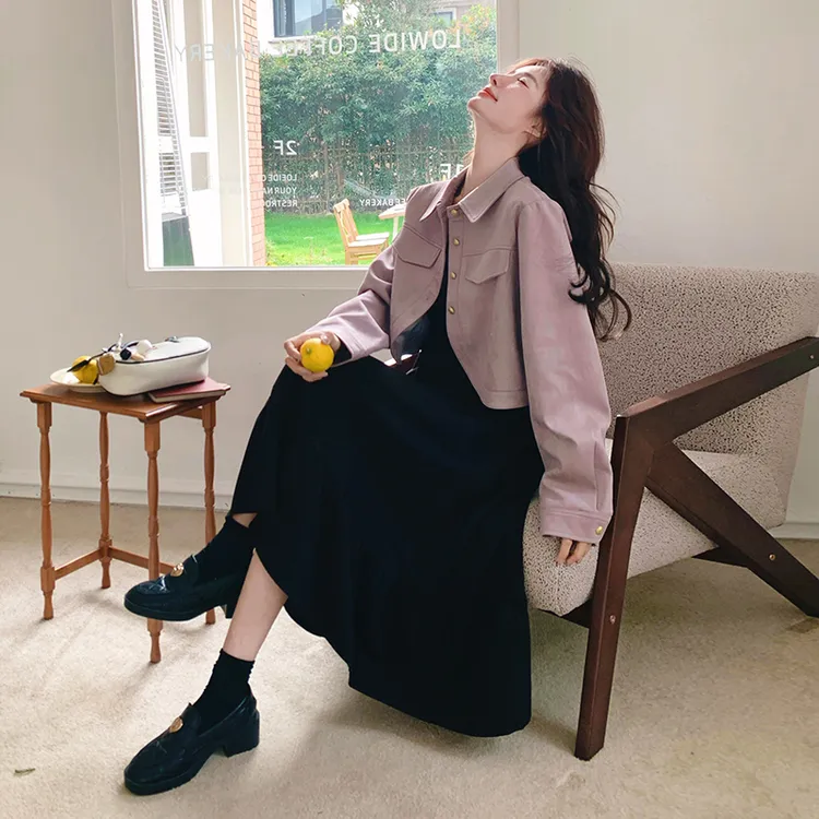 粉紫色麂皮绒短外套吊带连衣裙套装女2025秋季韩系洋气减龄两件套
