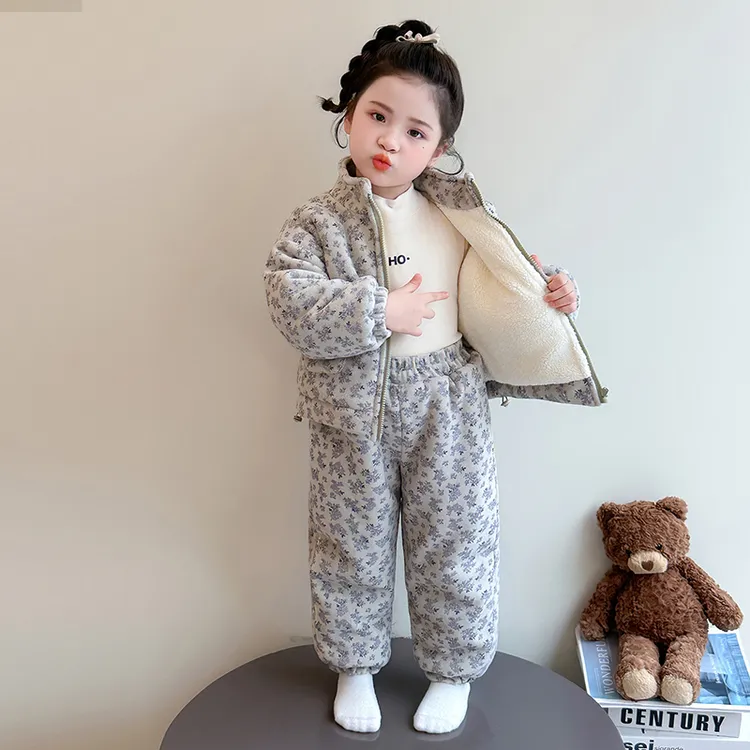 女童睡衣套装冬季运动款女孩加绒加厚韩版休闲宝宝碎花棉衣家居服