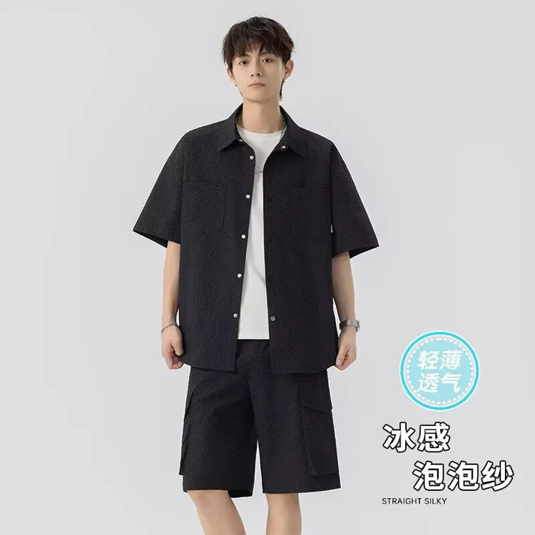 男士夏季2025新款速干肌理感短袖衬衫T恤青少年宽松休闲运动上衣