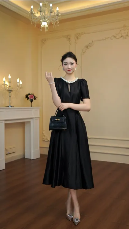 气质性感风赫本风大摆裙复古高腰显瘦修身钉珠夏季连衣裙名媛裙子