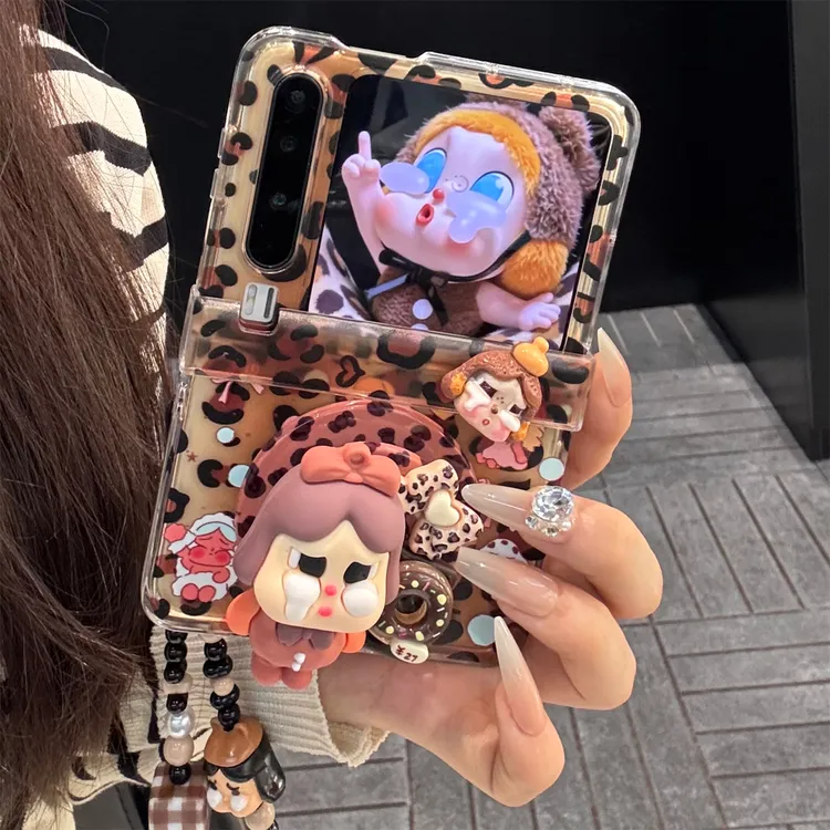 适用华为purax折叠屏手机壳棕色豹纹pocket2立体女孩磁吸支架链条
