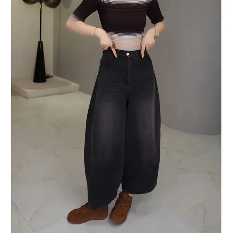 牛仔裤女士2025年冬季新款爆款裤子显瘦九分裤高腰弯刀阔腿裤黑色