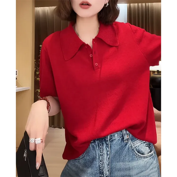 港风复古红色polo领针织衫女2025夏季新款休闲显瘦短袖打底衫上衣