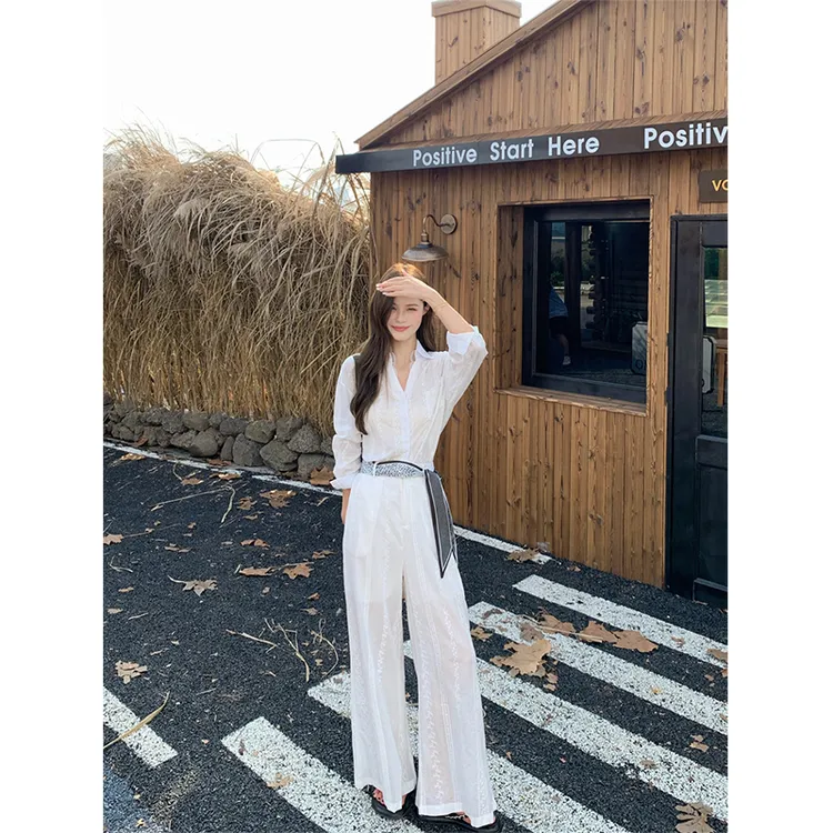 2025法式气质蕾丝拼接白色衬衫上衣+轻奢高级感拖地裤长裤两件套