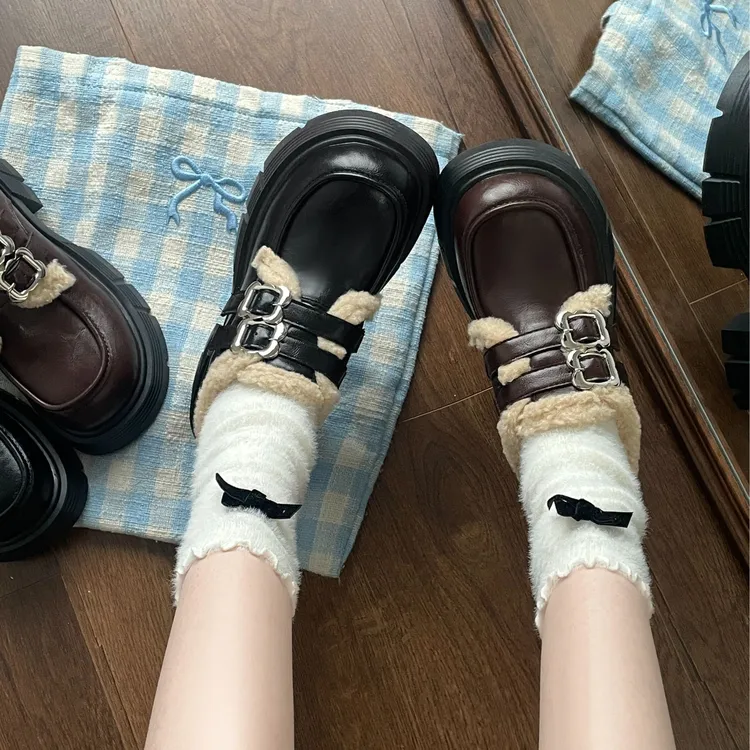 南在南方复古厚底小皮鞋女2026新款春秋百搭配裙子加绒玛丽珍棉鞋