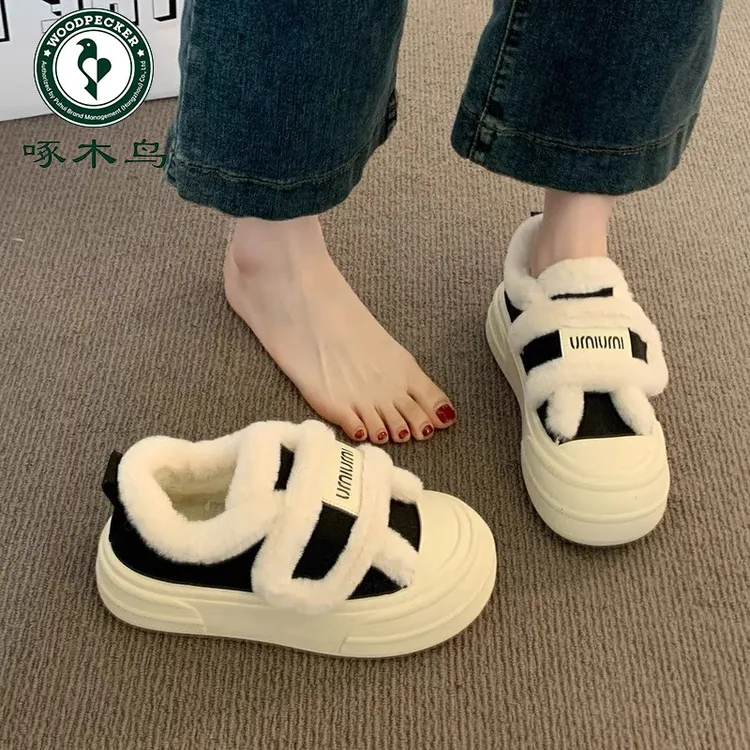 啄木鸟冬季加绒保暖厚底板鞋女2025新款学生魔术贴休闲小白鞋棉鞋