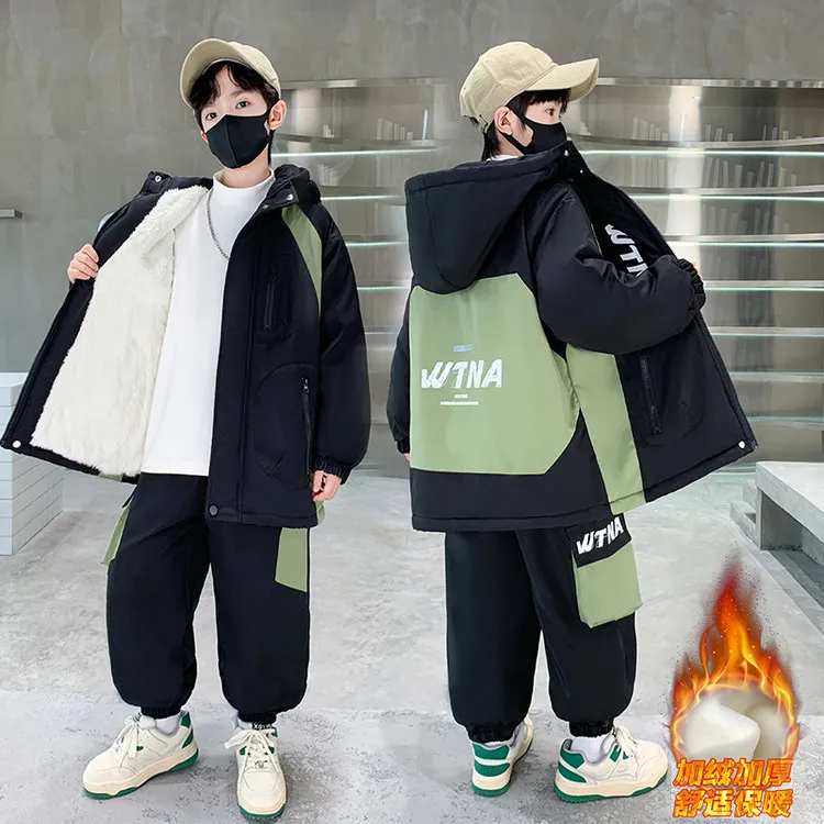 男童派克服套装秋冬加绒中大童冬季儿童帅气冬款二棉洋气加厚童装