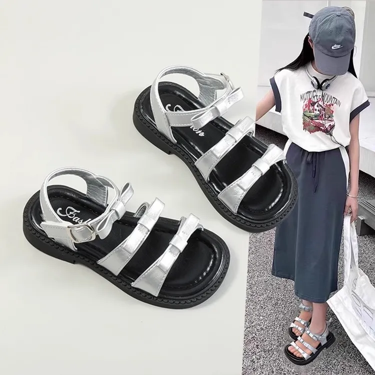 ABC女童凉鞋2025新款儿童罗马凉鞋女孩夏季爆款银色大童鞋子软底