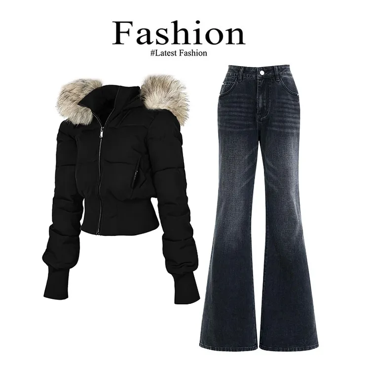 2025年秋冬新款黑色连帽带毛领外套短款棉服百搭休闲裤高级感套装