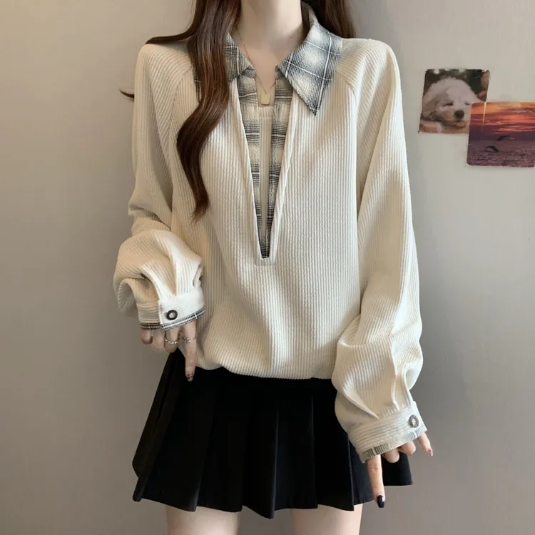 大码假两件POLO领格子拼接卫衣女秋冬微胖MM显瘦百搭洋气抽绳上衣