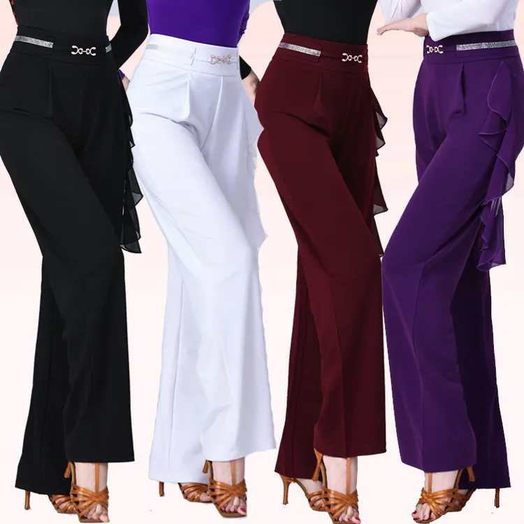 新款飘带烫钻高腰直筒舞蹈裤子女士拉丁广场吉特巴演出高端舞裤