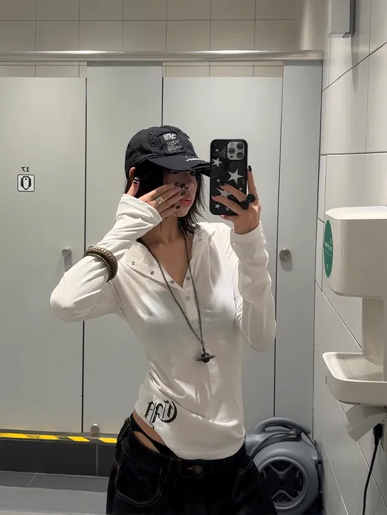 美式朋克长袖连帽T恤哥特风微透防晒罩衫修身薄款上衣女辣妹秋潮