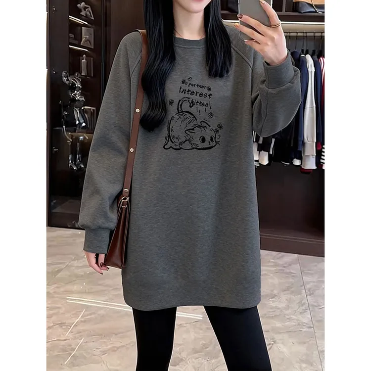 双面德绒厚款保暖圆领插肩袖宽松显瘦中长款遮臀搭配鲨鱼裤上衣