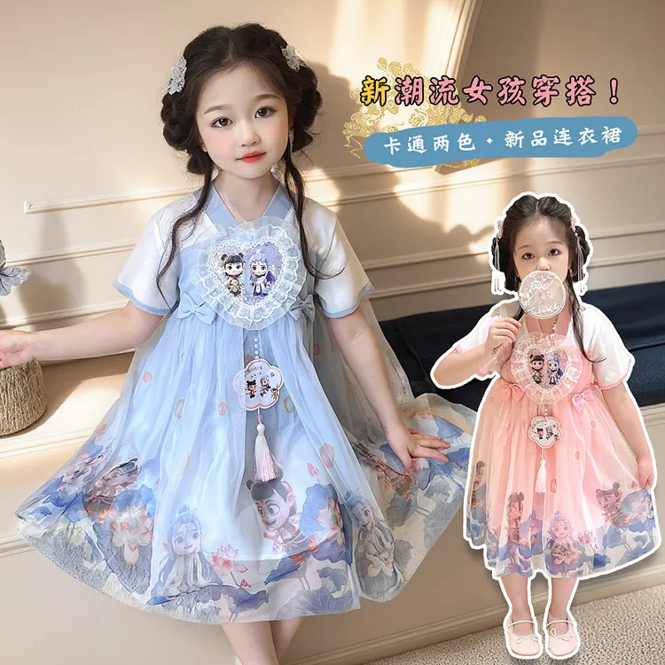 女童哪吒纱裙童装连衣裙2025夏款短袖纱裙织里童装卡通汉服童裙